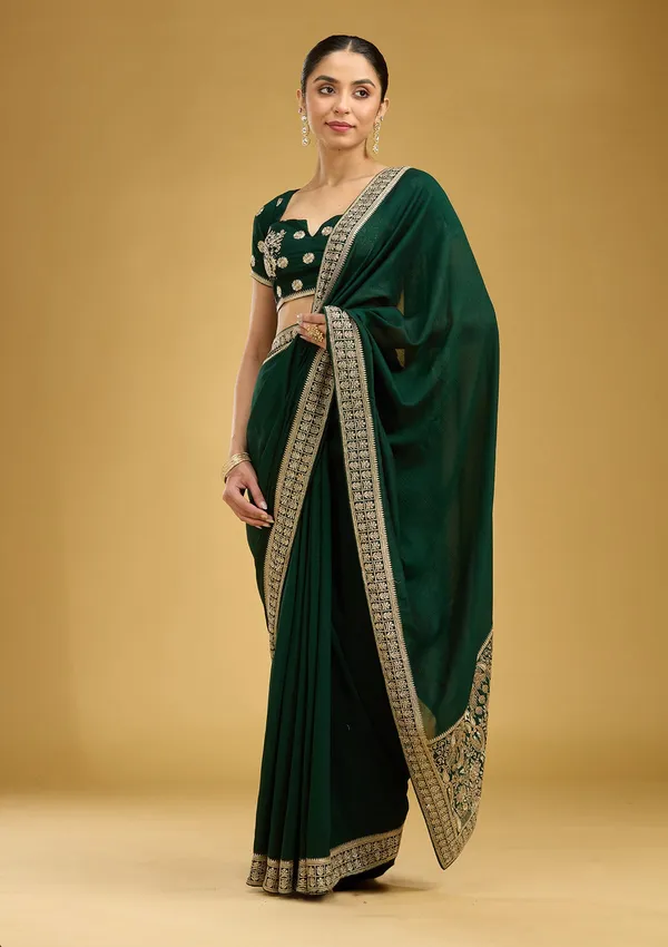 Bottle_Green_Zariwork_Gold_Soft_Raw_Silk_Saree