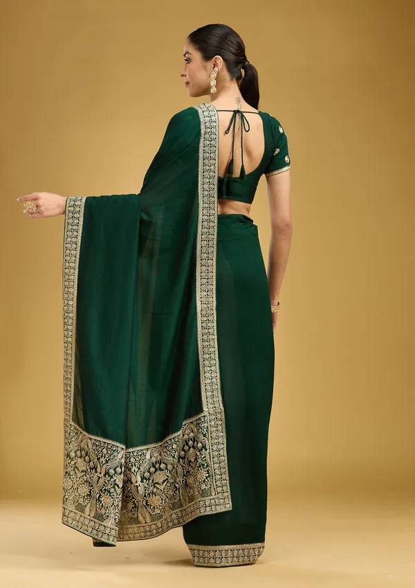 Bottle_Green_Zariwork_Gold_Soft_Raw_Silk_Saree
