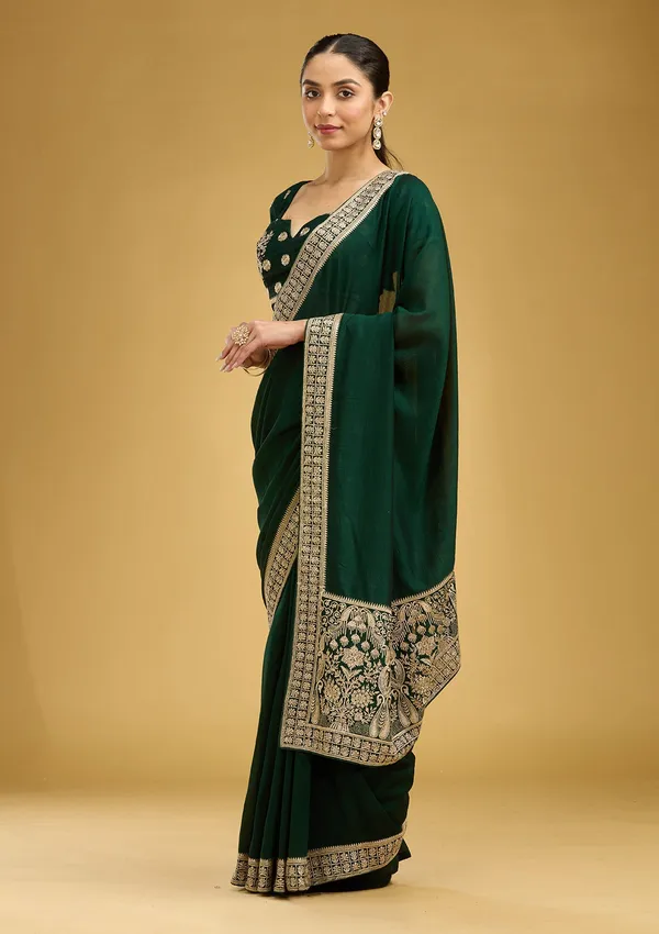 Bottle_Green_Zariwork_Gold_Soft_Raw_Silk_Saree