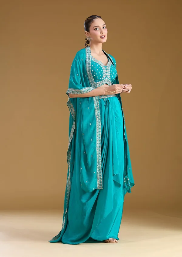 Turquoise_Blue_Zariwork_Gold_Chiffon_Readymade_Salwar_Suit
