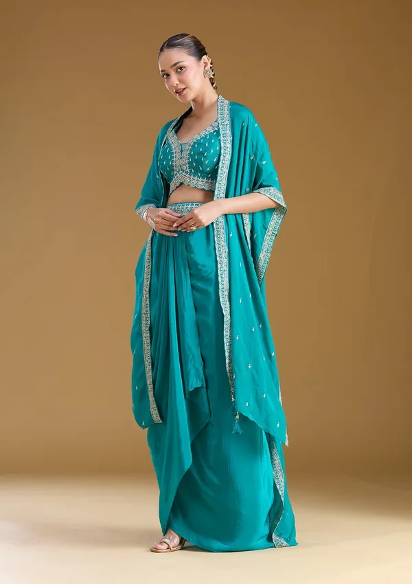Turquoise_Blue_Zariwork_Gold_Chiffon_Readymade_Salwar_Suit