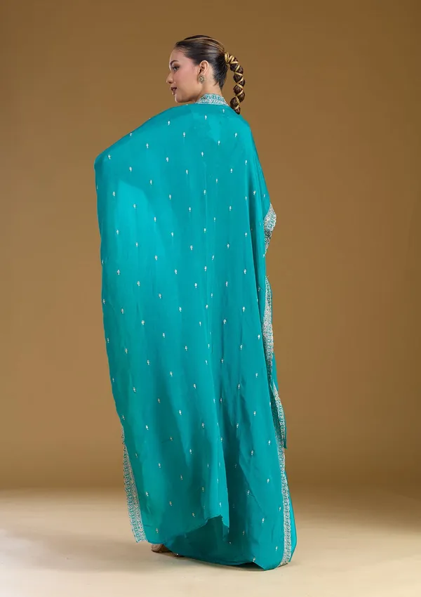 Turquoise_Blue_Zariwork_Gold_Chiffon_Readymade_Salwar_Suit