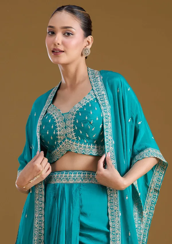 Turquoise_Blue_Zariwork_Gold_Chiffon_Readymade_Salwar_Suit