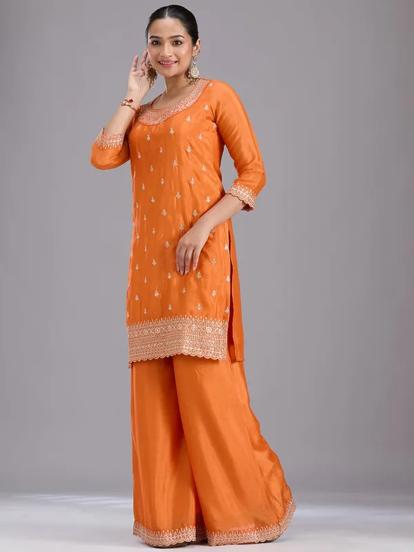Orange_Sequins_Soft_Raw_Silk_Readymade_Salwar_Suit