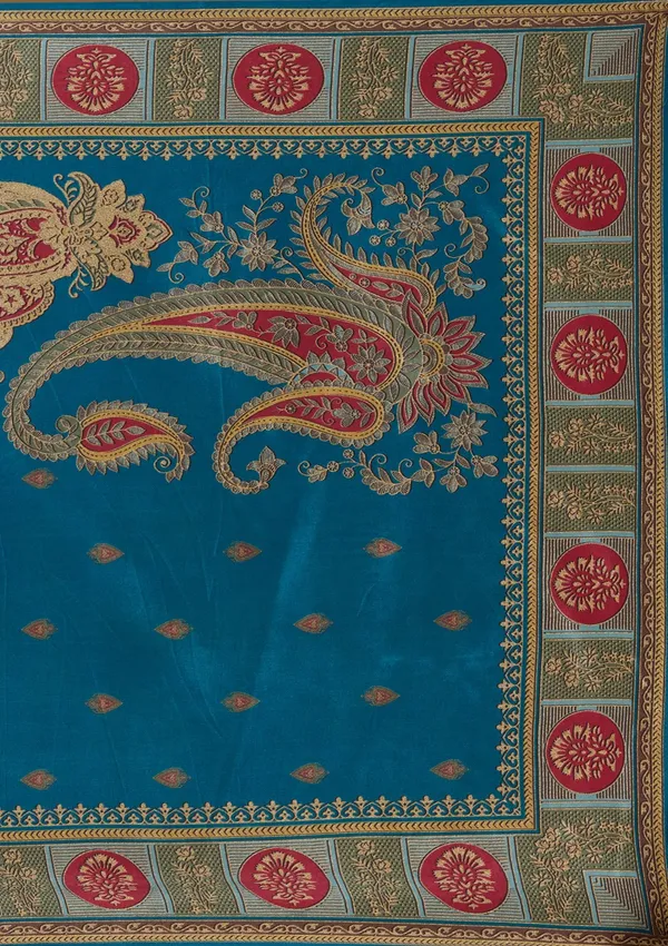 Peacock_Blue_Threadwork_Soft_Raw_Silk_Readymade_Salwar_Suit