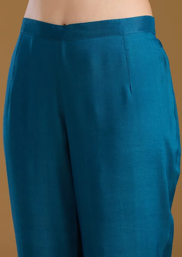 Peacock_Blue_Threadwork_Soft_Raw_Silk_Readymade_Salwar_Suit