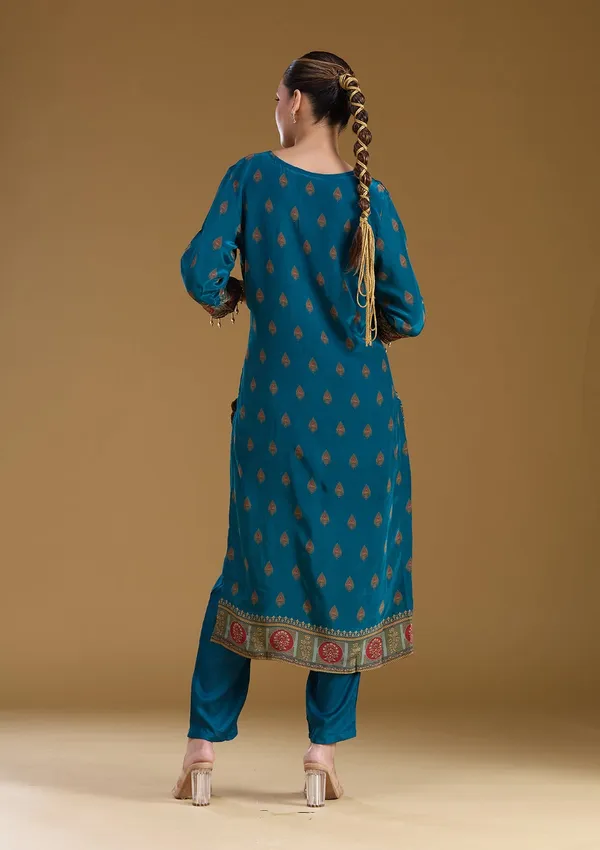 Peacock_Blue_Threadwork_Soft_Raw_Silk_Readymade_Salwar_Suit