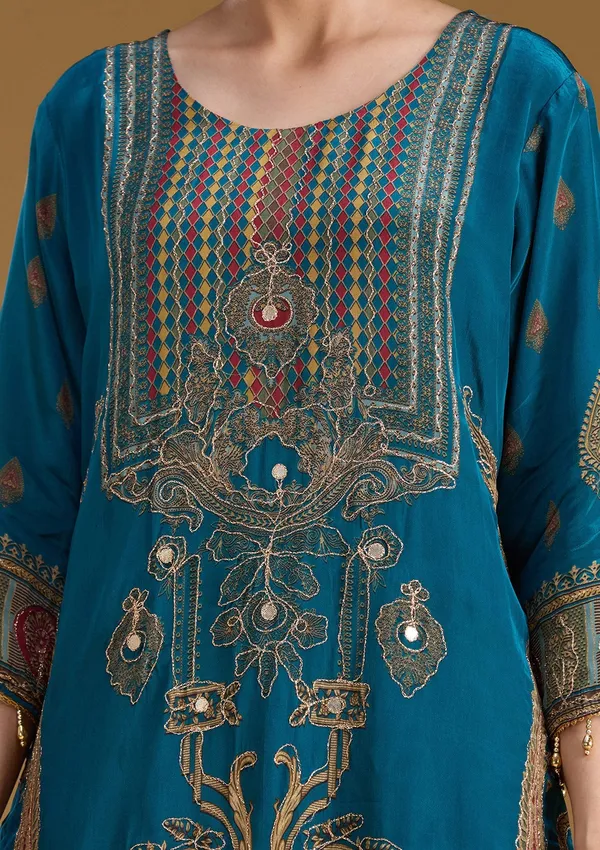 Peacock_Blue_Threadwork_Soft_Raw_Silk_Readymade_Salwar_Suit