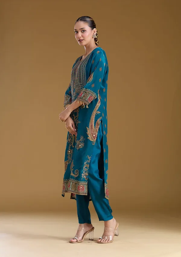 Peacock_Blue_Threadwork_Soft_Raw_Silk_Readymade_Salwar_Suit