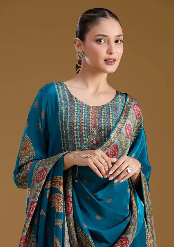 Peacock_Blue_Threadwork_Soft_Raw_Silk_Readymade_Salwar_Suit