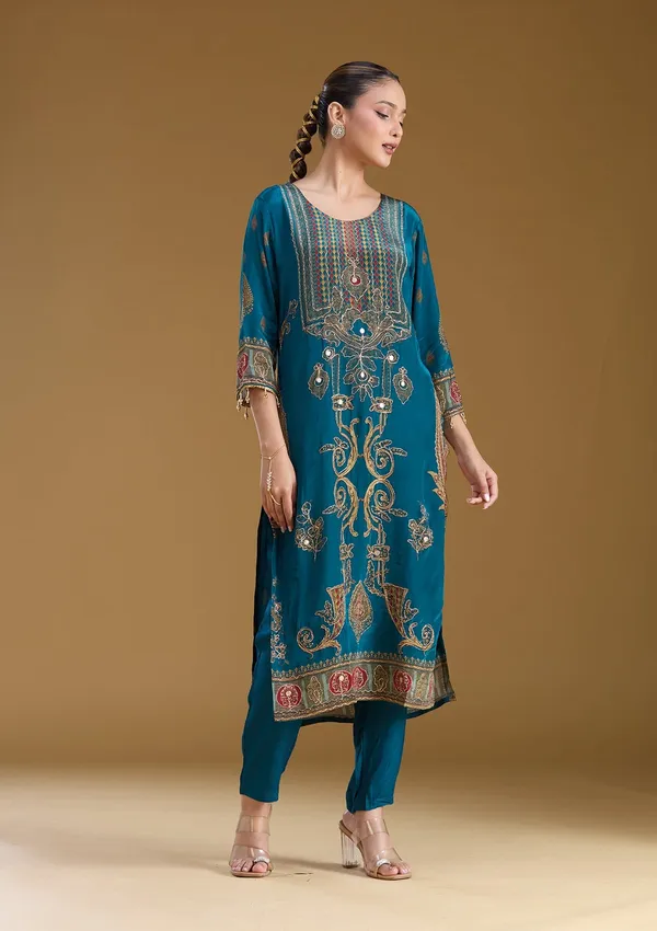 Peacock_Blue_Threadwork_Soft_Raw_Silk_Readymade_Salwar_Suit