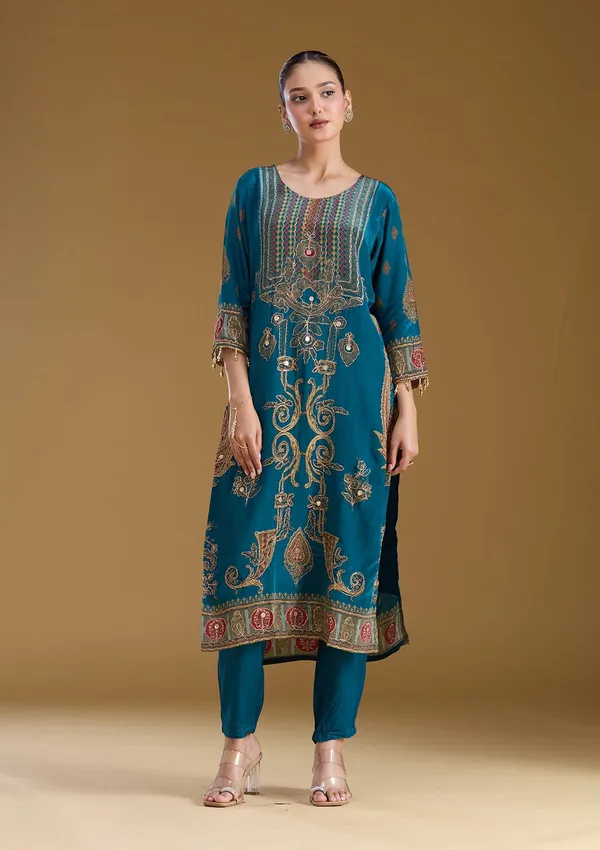 Peacock_Blue_Threadwork_Soft_Raw_Silk_Readymade_Salwar_Suit