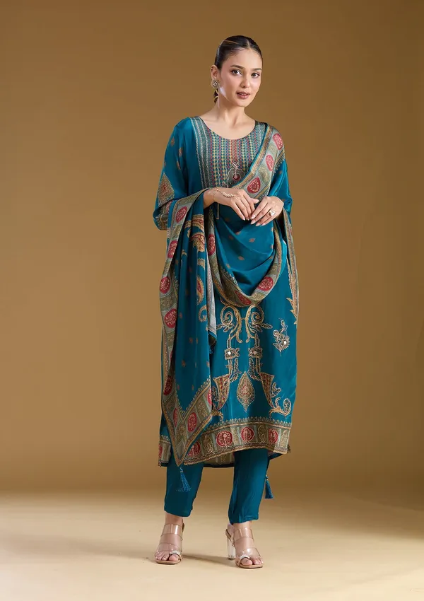 Peacock_Blue_Threadwork_Soft_Raw_Silk_Readymade_Salwar_Suit