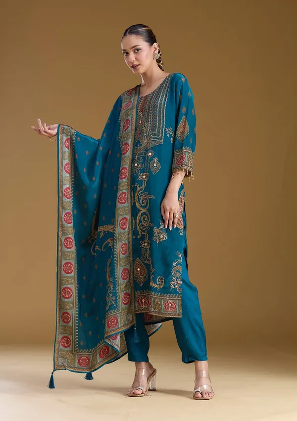 Peacock_Blue_Threadwork_Soft_Raw_Silk_Readymade_Salwar_Suit