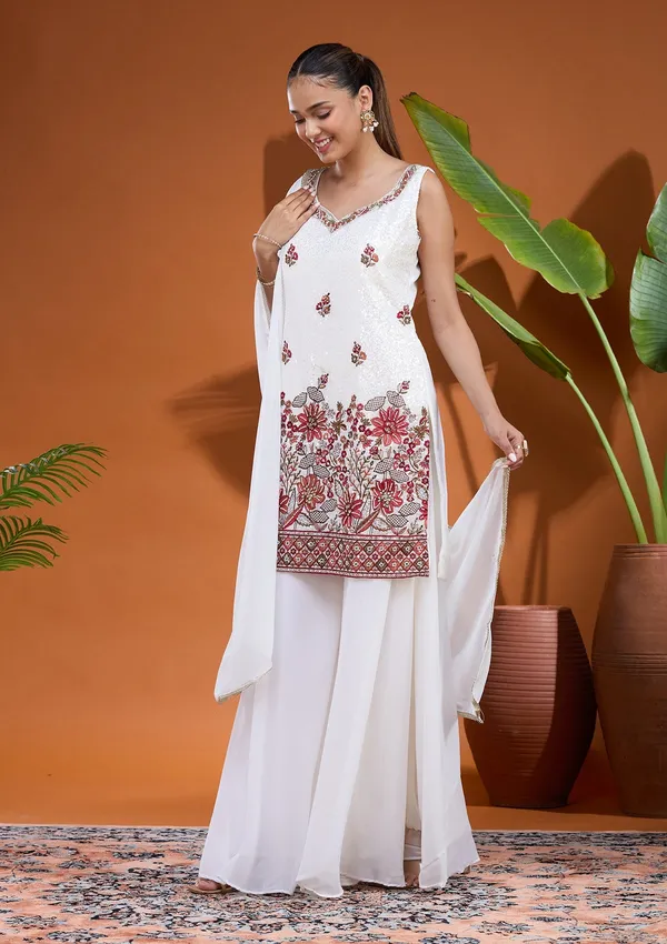 White_Threadwork_Georgette_Readymade_Salwar_Suit