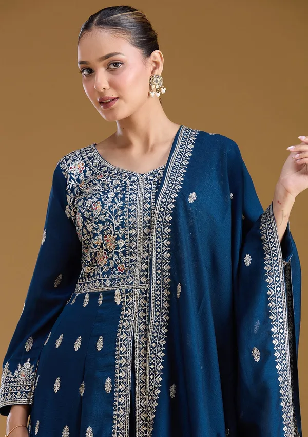 Navy_Blue_Stonework_Silver_Soft_Raw_Silk_Readymade_Salwar_Suit