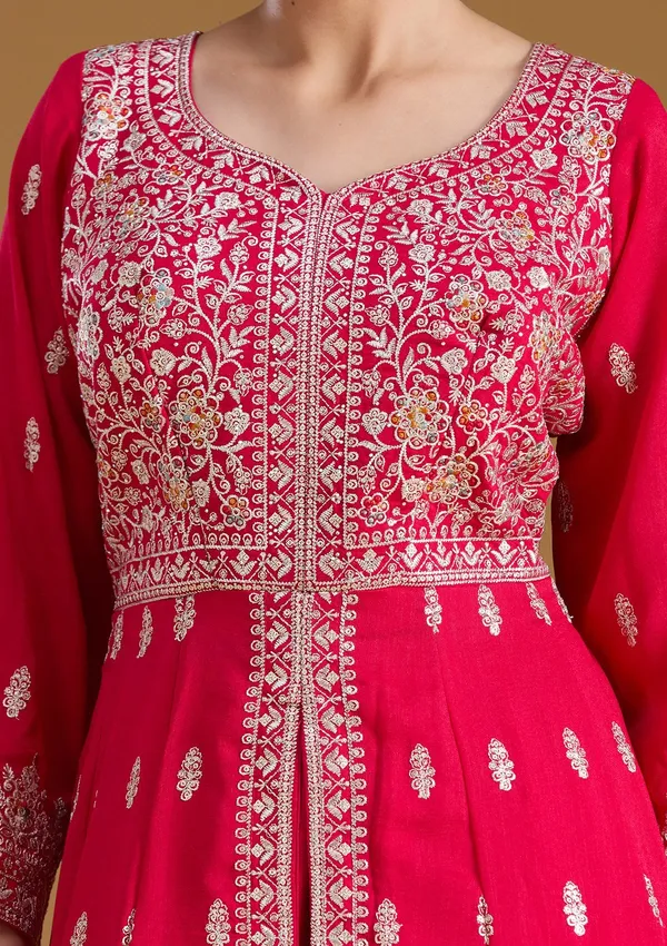 Rani_Pink_Stonework_Silver_Soft_Raw_Silk_Readymade_Salwar_Suit