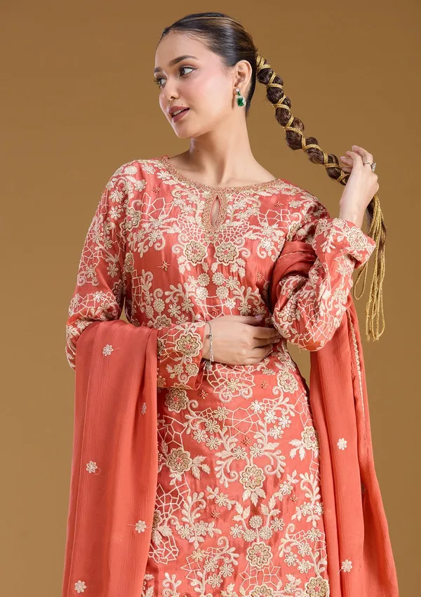 Rust_Zariwork_Silver_Crepe_Readymade_Salwar_Suit