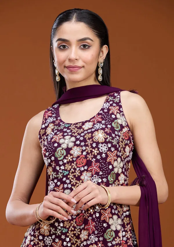Wine_Threadwork_Georgette_Readymade_Salwar_Suit