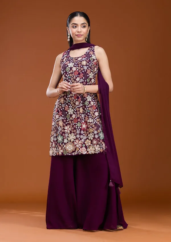 Wine_Threadwork_Georgette_Readymade_Salwar_Suit