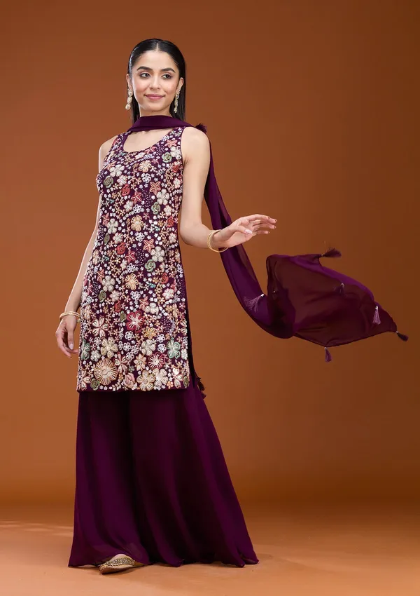 Wine_Threadwork_Georgette_Readymade_Salwar_Suit
