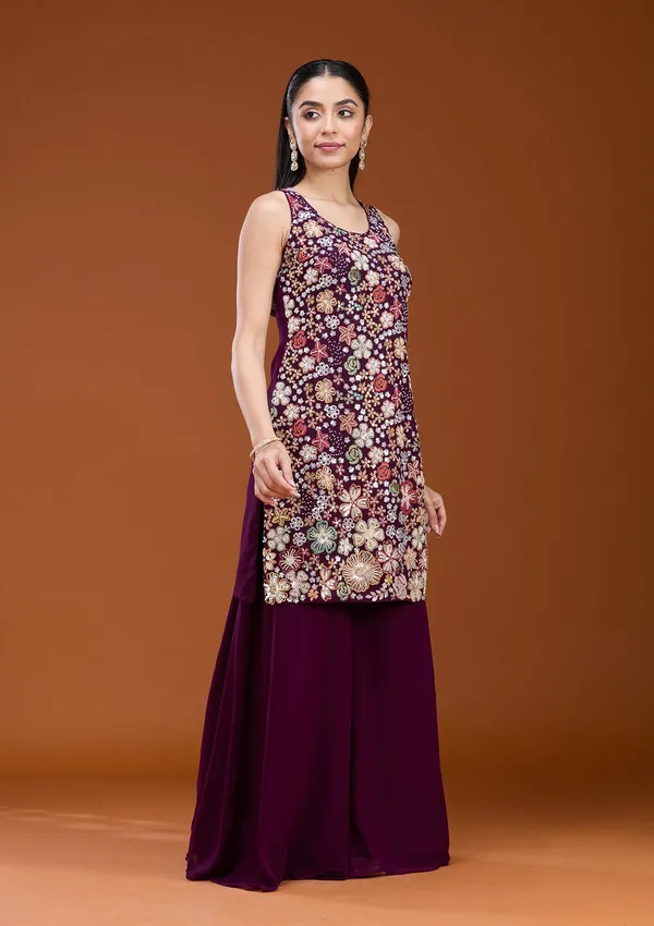 Wine_Threadwork_Georgette_Readymade_Salwar_Suit