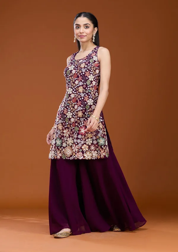 Wine_Threadwork_Georgette_Readymade_Salwar_Suit