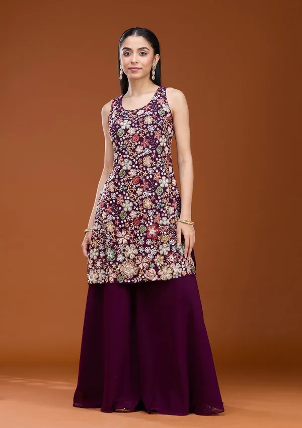 Wine_Threadwork_Georgette_Readymade_Salwar_Suit