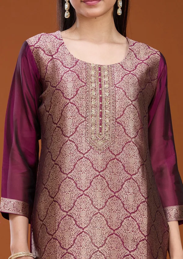 Wine_Zariwork_Gold_Soft_Raw_Silk_Readymade_Salwar_Suit