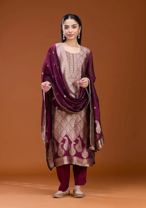 Wine_Zariwork_Gold_Soft_Raw_Silk_Readymade_Salwar_Suit