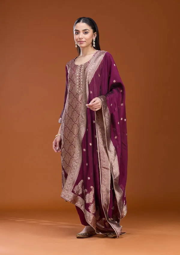 Wine_Zariwork_Gold_Soft_Raw_Silk_Readymade_Salwar_Suit