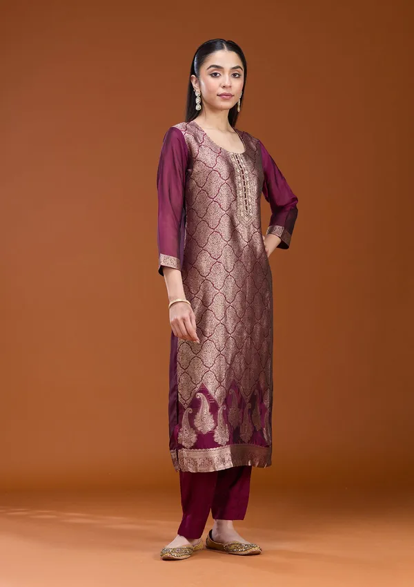 Wine_Zariwork_Gold_Soft_Raw_Silk_Readymade_Salwar_Suit