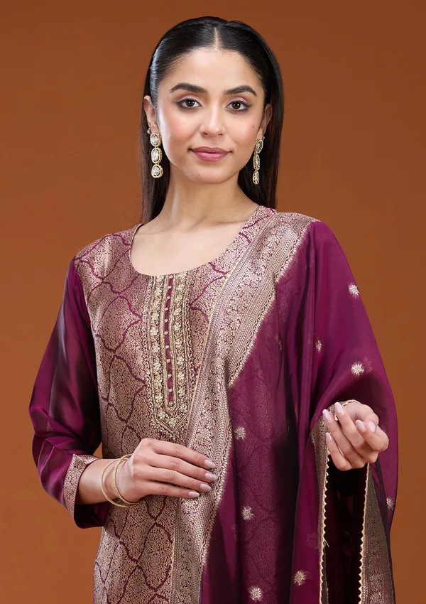 Wine_Zariwork_Gold_Soft_Raw_Silk_Readymade_Salwar_Suit
