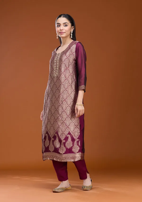 Wine_Zariwork_Gold_Soft_Raw_Silk_Readymade_Salwar_Suit