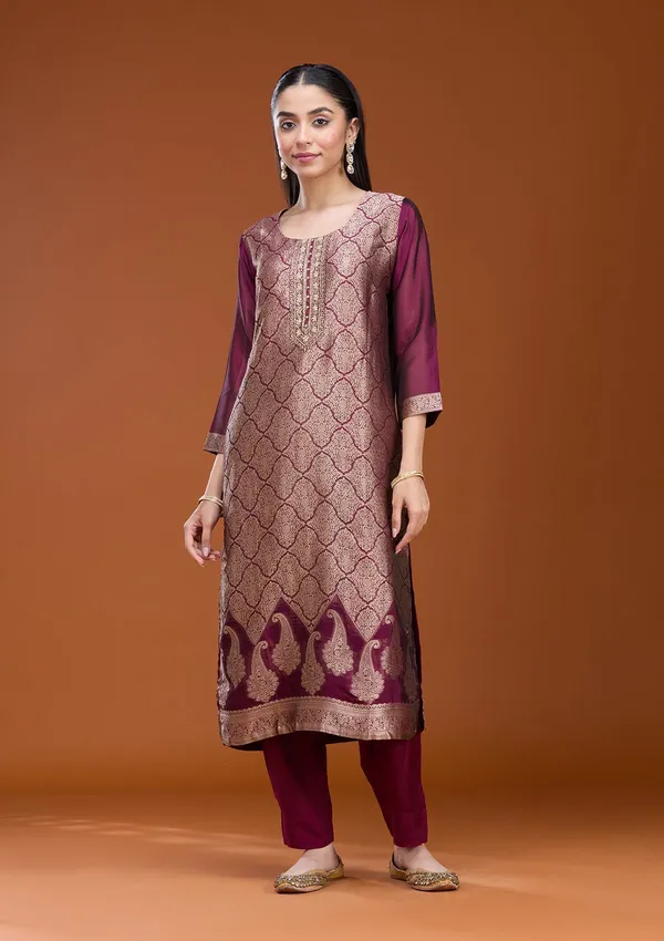 Wine_Zariwork_Gold_Soft_Raw_Silk_Readymade_Salwar_Suit
