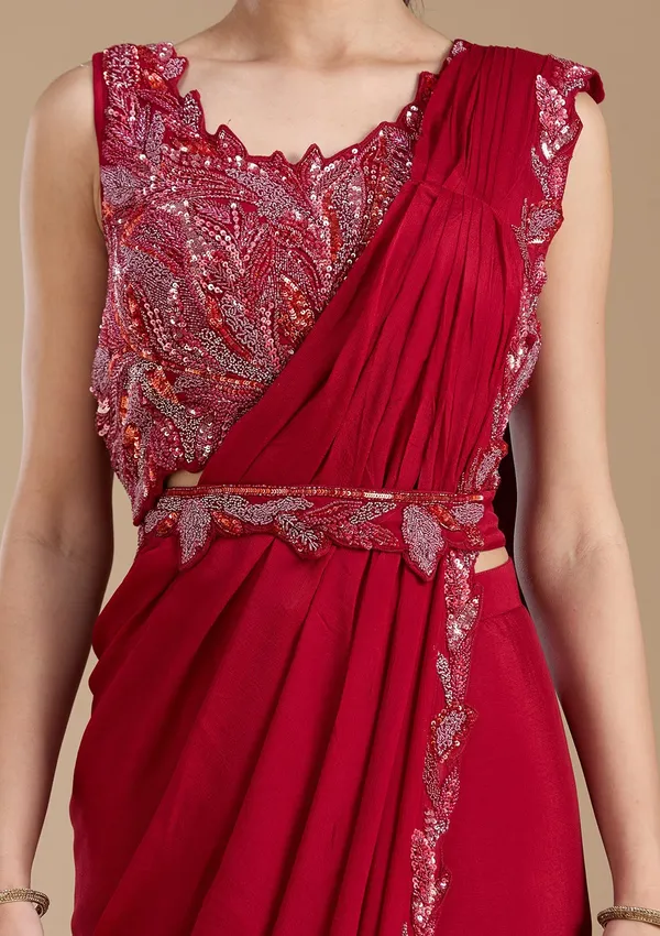 Maroon_Sequins_Satin_Saree