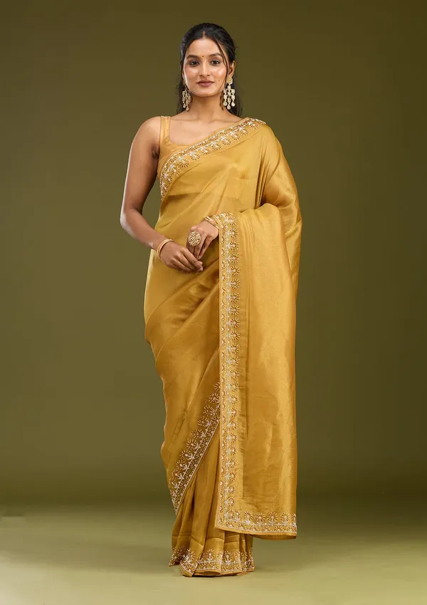 Mustard_Pearlwork_Tissue_Saree