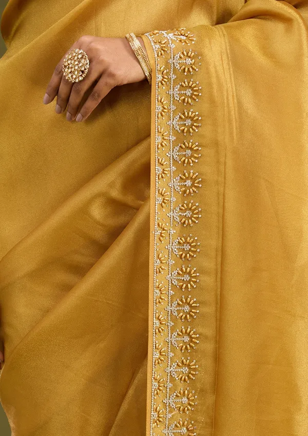 Mustard_Pearlwork_Tissue_Saree