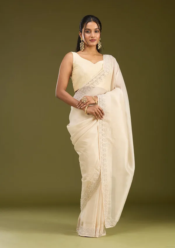 Beige_Pearlwork_Tissue_Saree