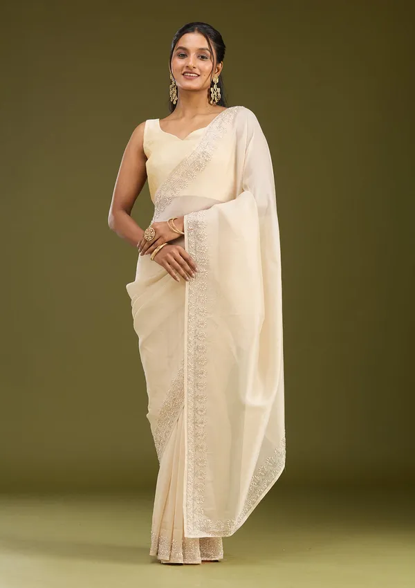 Beige_Pearlwork_Tissue_Saree
