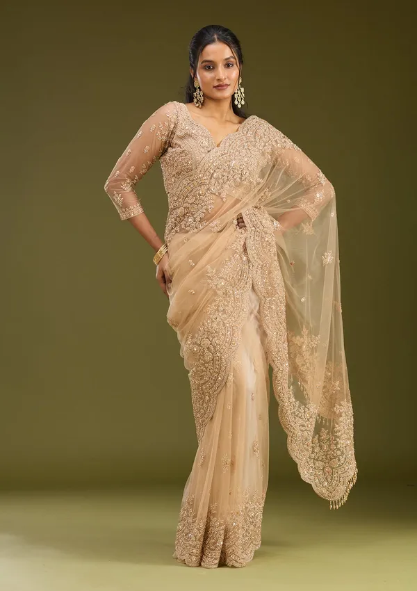 Beige_Zariwork_Gold_Net_Saree