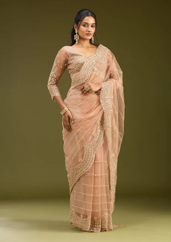 Peach_Zariwork_Antique_Net_Saree