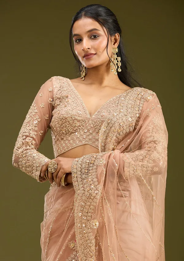 Peach_Zariwork_Antique_Net_Saree