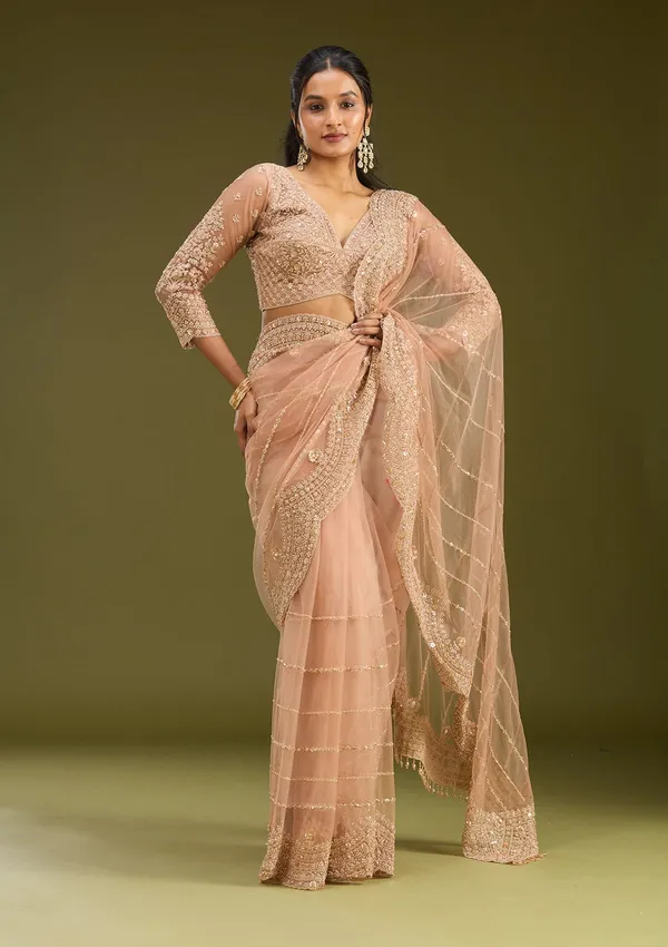 Peach_Zariwork_Antique_Net_Saree