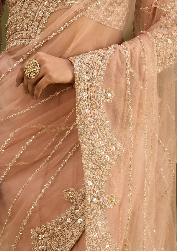 Peach_Zariwork_Antique_Net_Saree