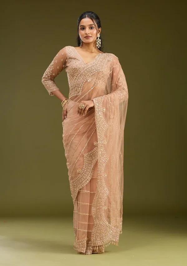 Peach_Zariwork_Antique_Net_Saree