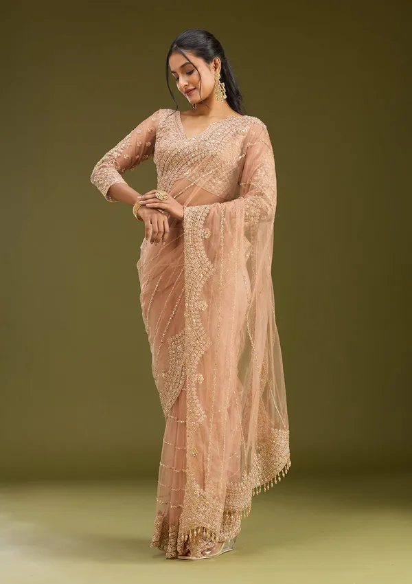 Peach_Zariwork_Antique_Net_Saree