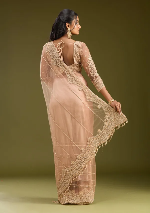 Peach_Zariwork_Antique_Net_Saree