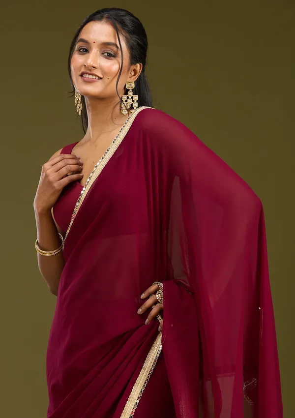 Wine_Mirrorwork_Georgette_Saree