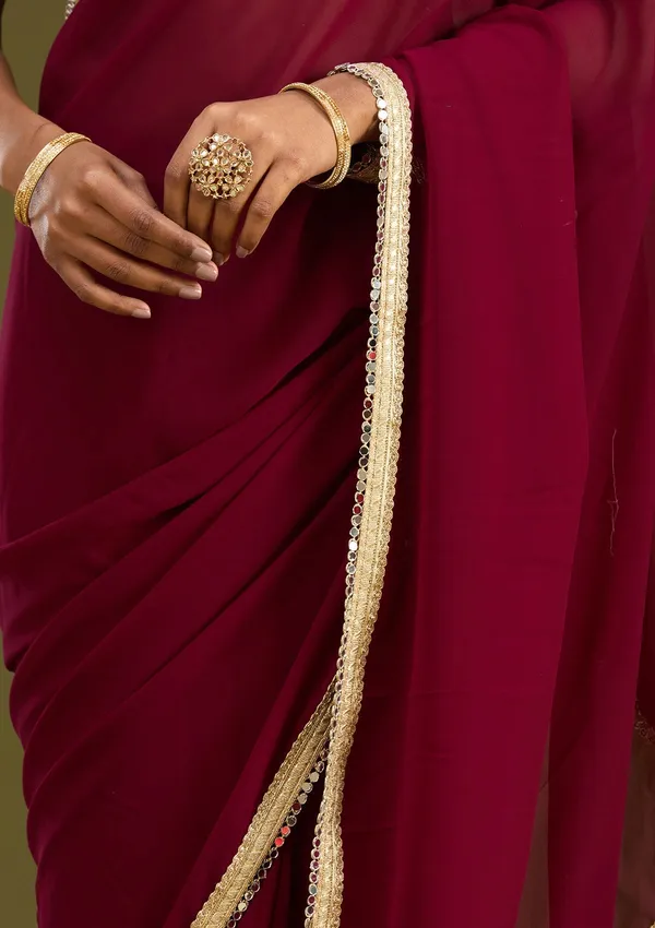 Wine_Mirrorwork_Georgette_Saree